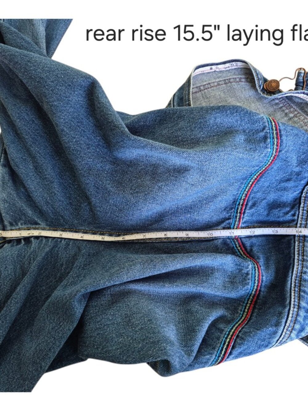 Free People Chasing Rainbows Overalls Size 6 Blue Denim Flare Rainbow Stitch Bib - Picture 12 of 16
